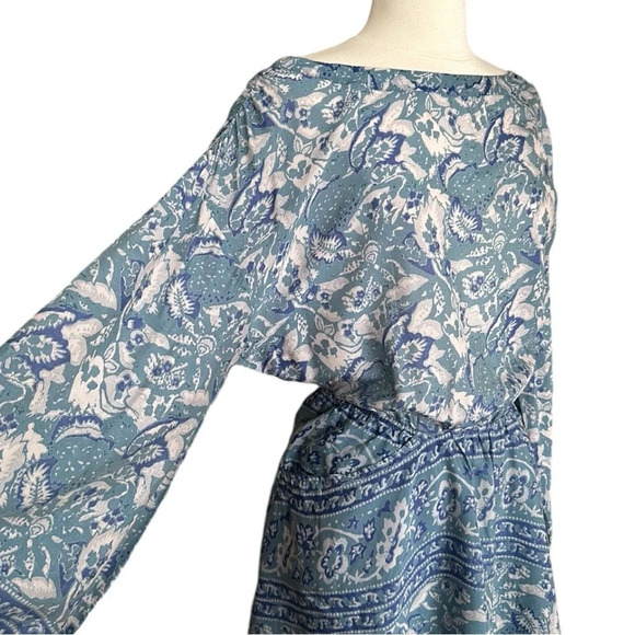 FREE PEOPLE Bohemian Mini Dress Silver Sun Cutout Blue Washed Pockets, Medium - Picture 6 of 16